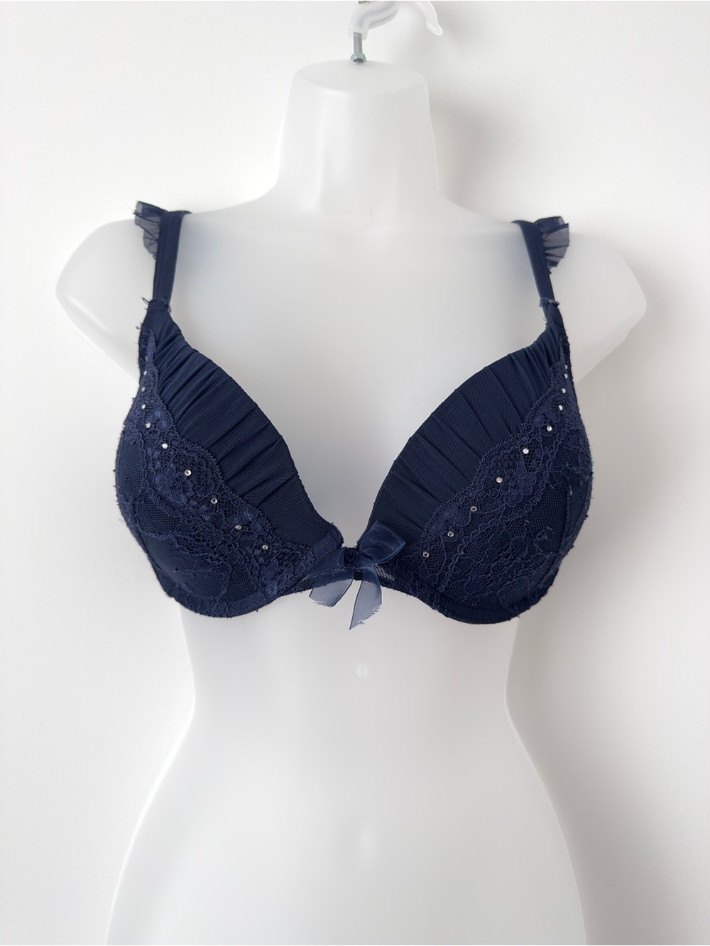 hunkemöller navy rhinestone bra with ruffles